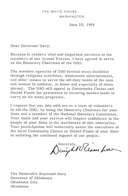letter from President Dwight D. Eisenhower to Govenor Gary